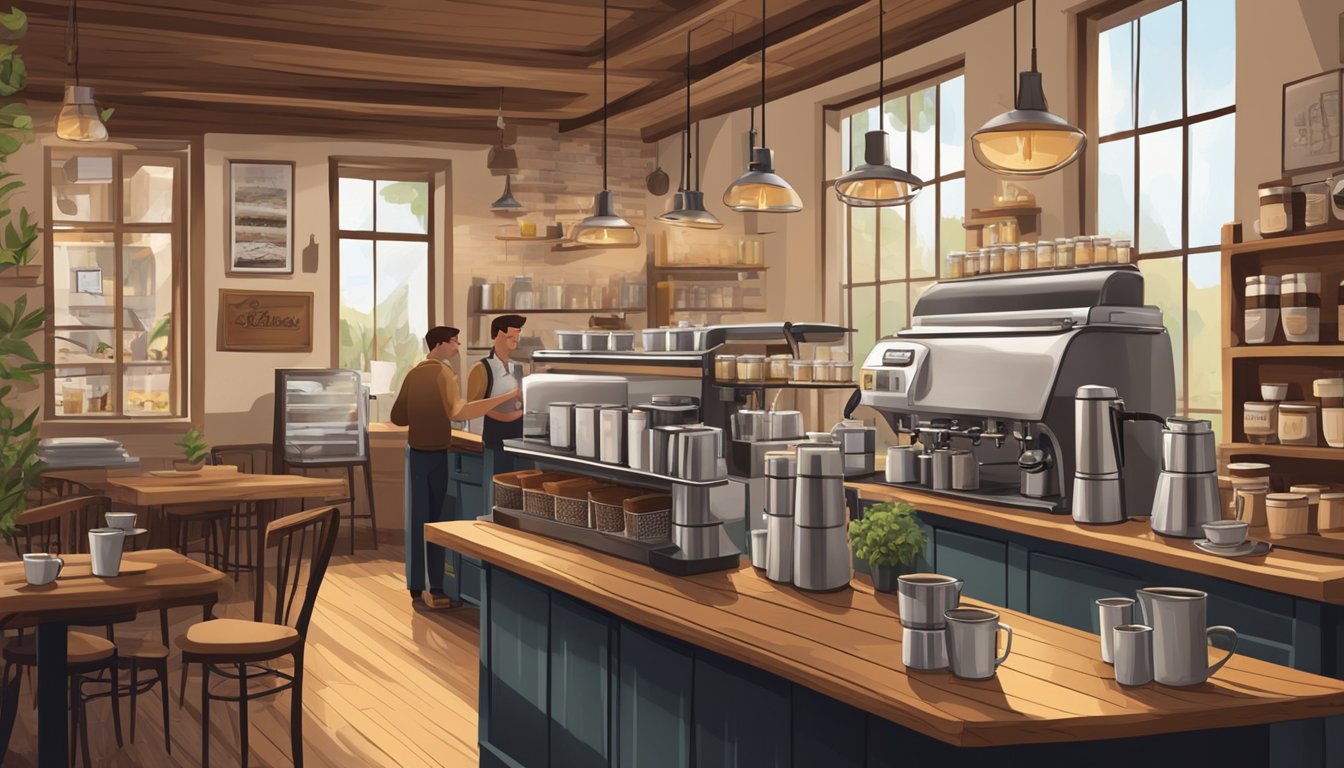 A warm, inviting coffee shop with rustic decor and a bustling atmosphere. Customers enjoy steaming cups of coffee at wooden tables, surrounded by shelves of locally roasted beans and artfully displayed coffee equipment