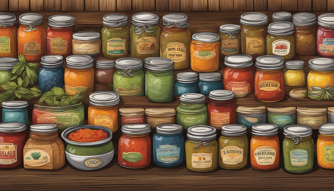 A colorful array of jars filled with artisan salsas and sauces from Texas, arranged on a rustic wooden table