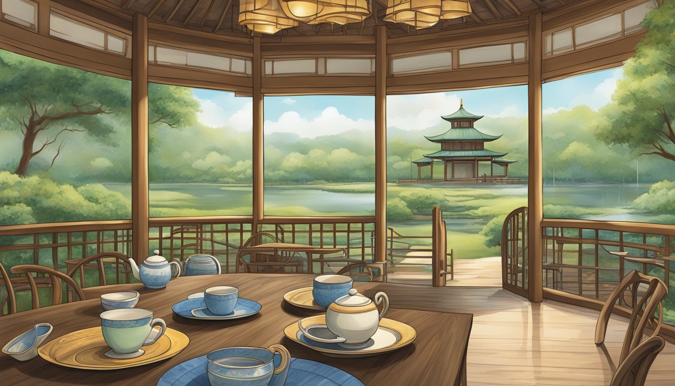 A serene tea house with seven cups, surrounded by tranquil scenery, capturing the essence of Houston's premier tea destination