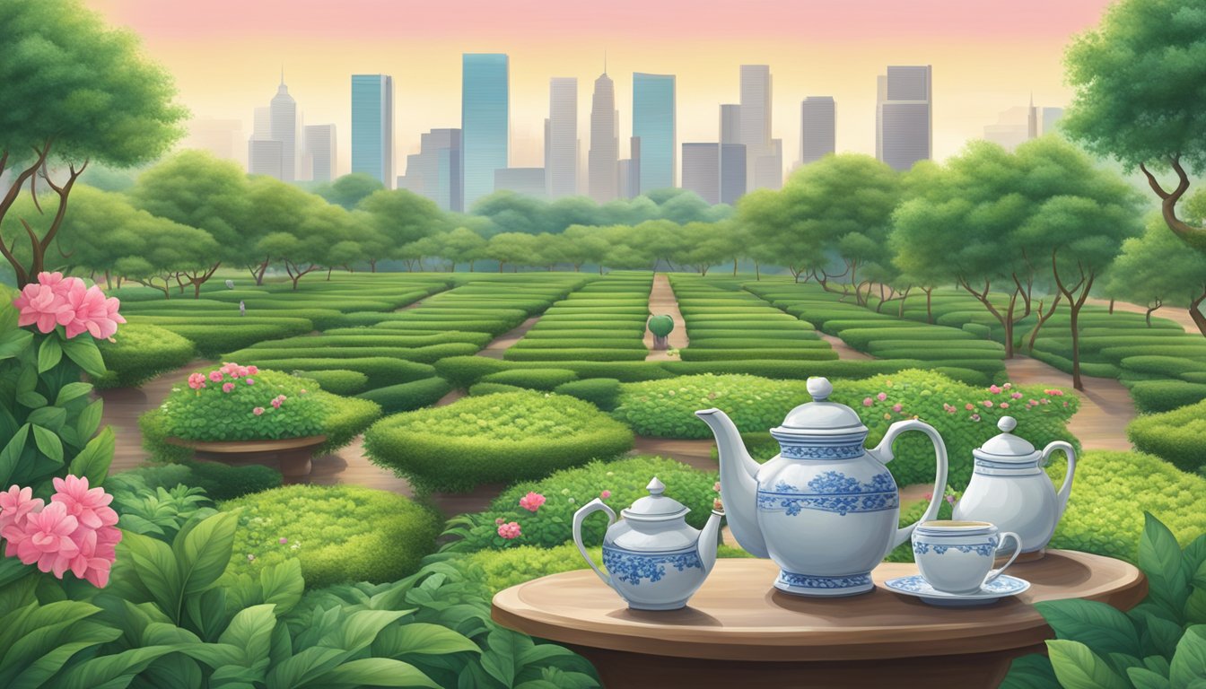 A tranquil tea garden with lush greenery and elegant teapots, surrounded by the bustling cityscape of Houston