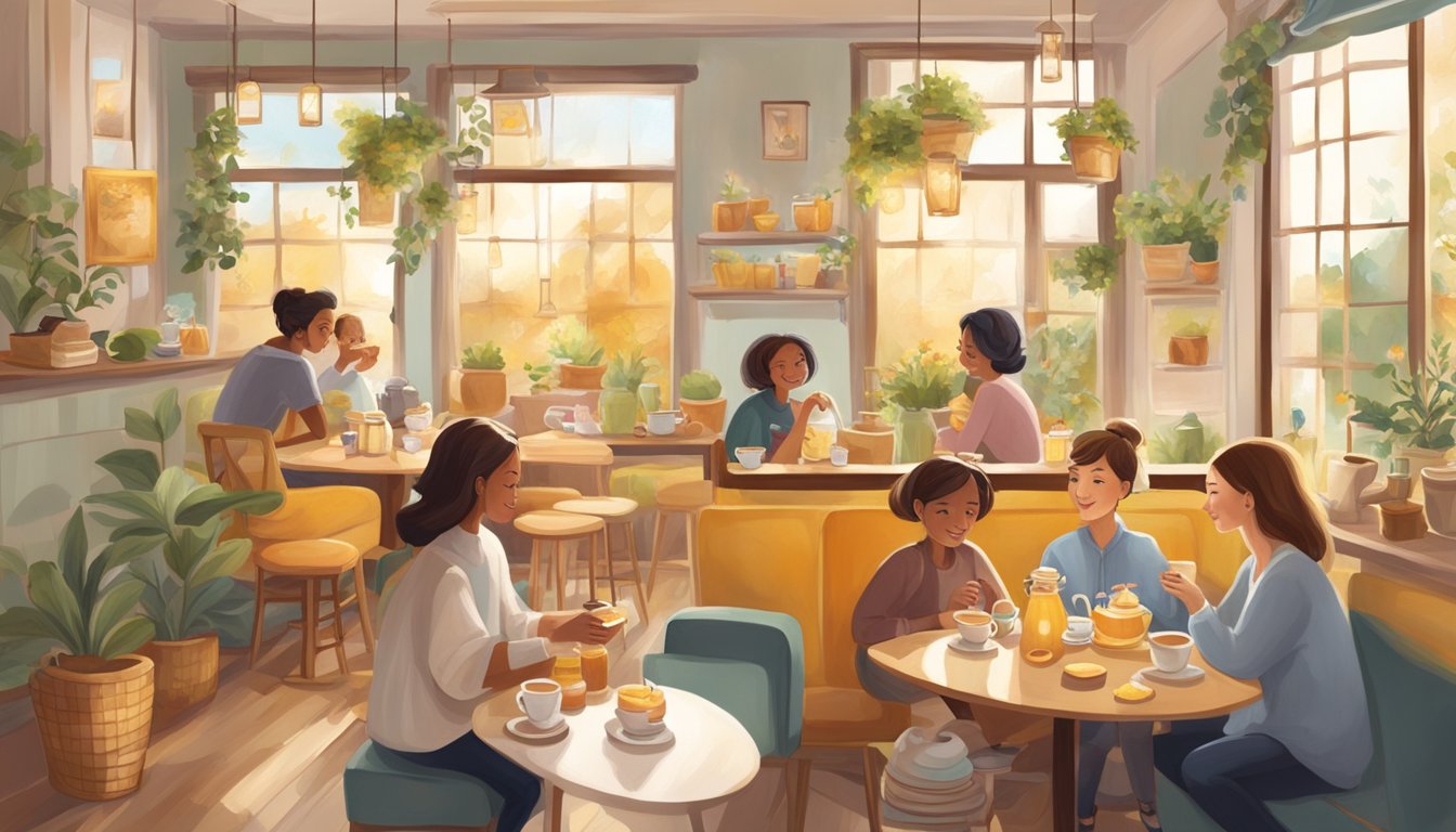 Customers enjoying tea in a cozy café filled with honey-themed art and decor, surrounded by serene and inviting atmosphere