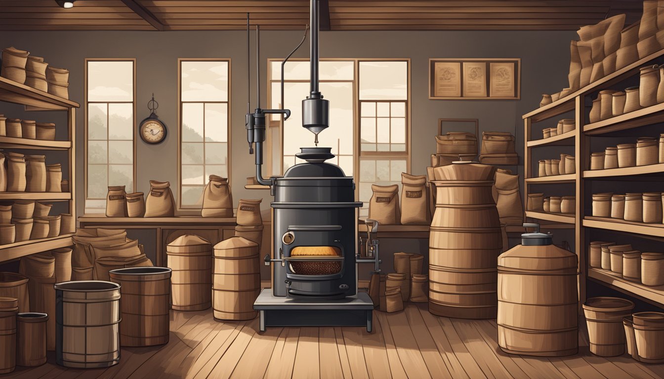 A rustic coffee roastery with large burlap sacks of beans, vintage roasting equipment, and shelves of freshly roasted coffee bags