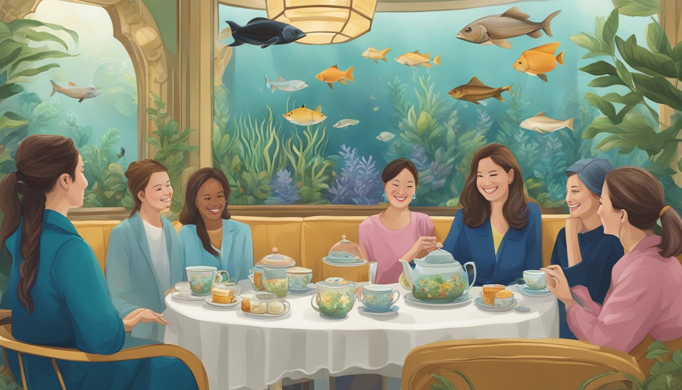 Customers sipping tea in the serene atmosphere of the Downtown Aquarium Tea Room, surrounded by elegant decor and exploring Houston's premier tea offerings