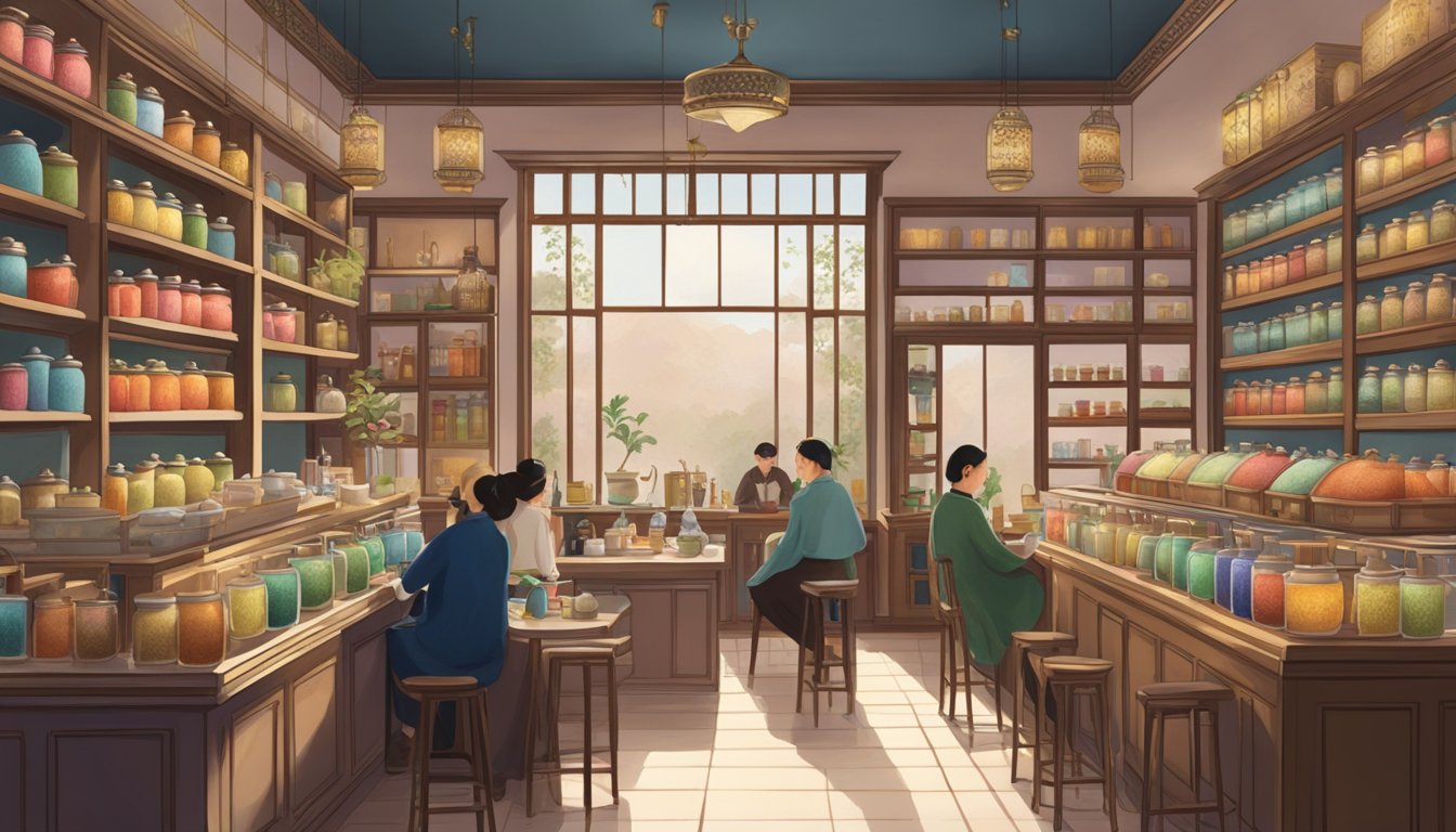 A serene tea shop with elegant decor, patrons sipping tea, and shelves filled with colorful tea canisters