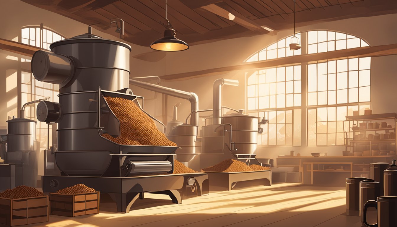 A rustic coffee roasting facility with large roasting machines and sacks of coffee beans stacked against the walls. Sunlight streams in through the windows, casting a warm glow over the space