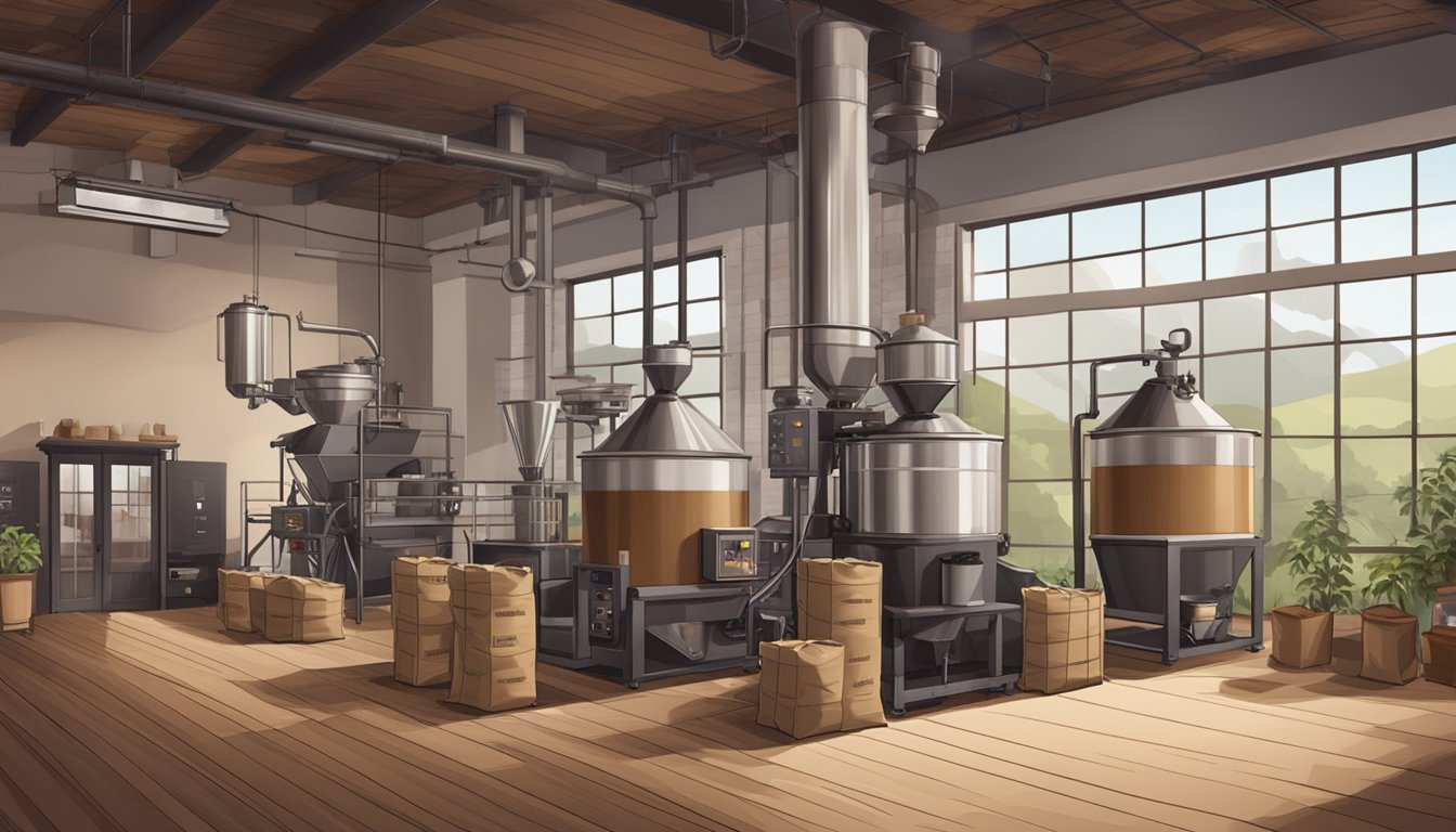 A rustic coffee roastery with sacks of beans, industrial roasting equipment, and a packaging area for online orders