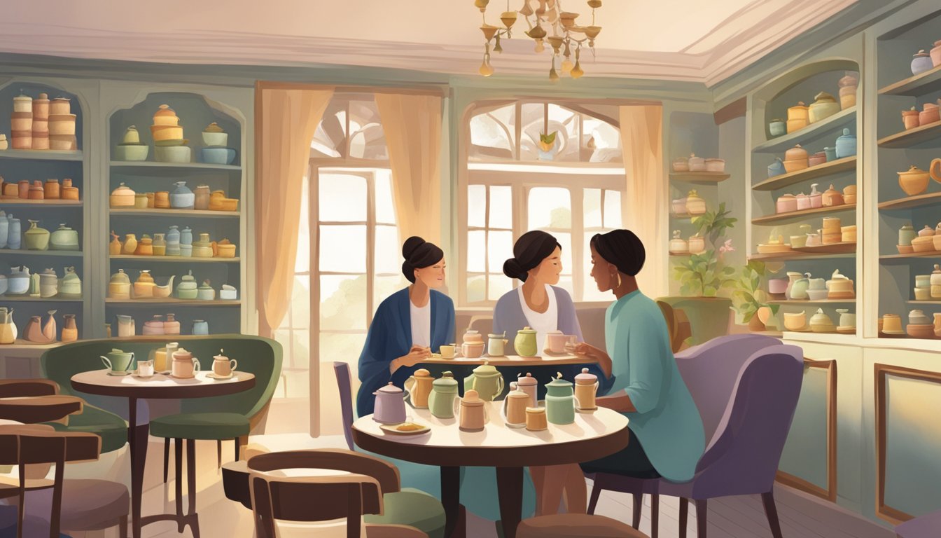 A serene tea room with soft lighting, elegant decor, and shelves lined with colorful tea canisters. Patrons sit at small tables, sipping tea and chatting quietly