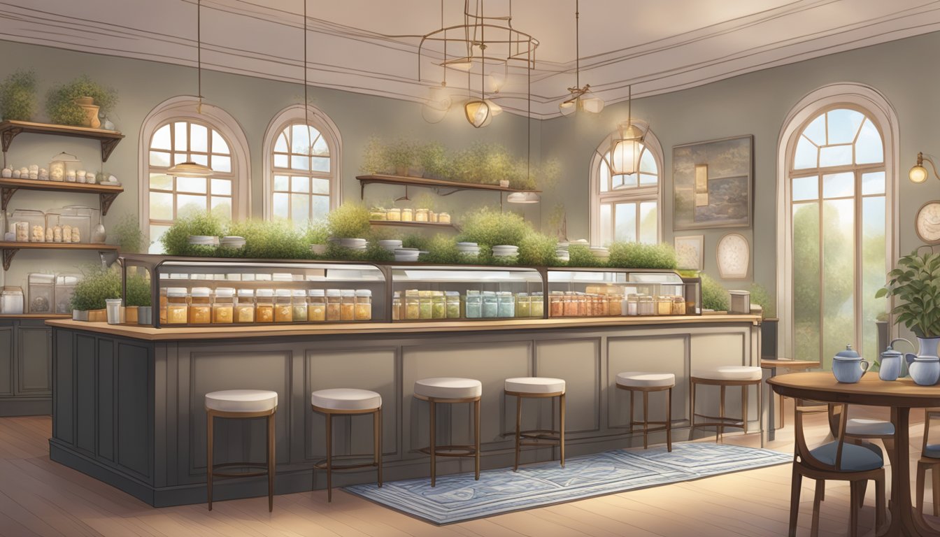 A serene tea room with elegant decor and soft lighting, featuring a variety of tea blends and wellness products on display