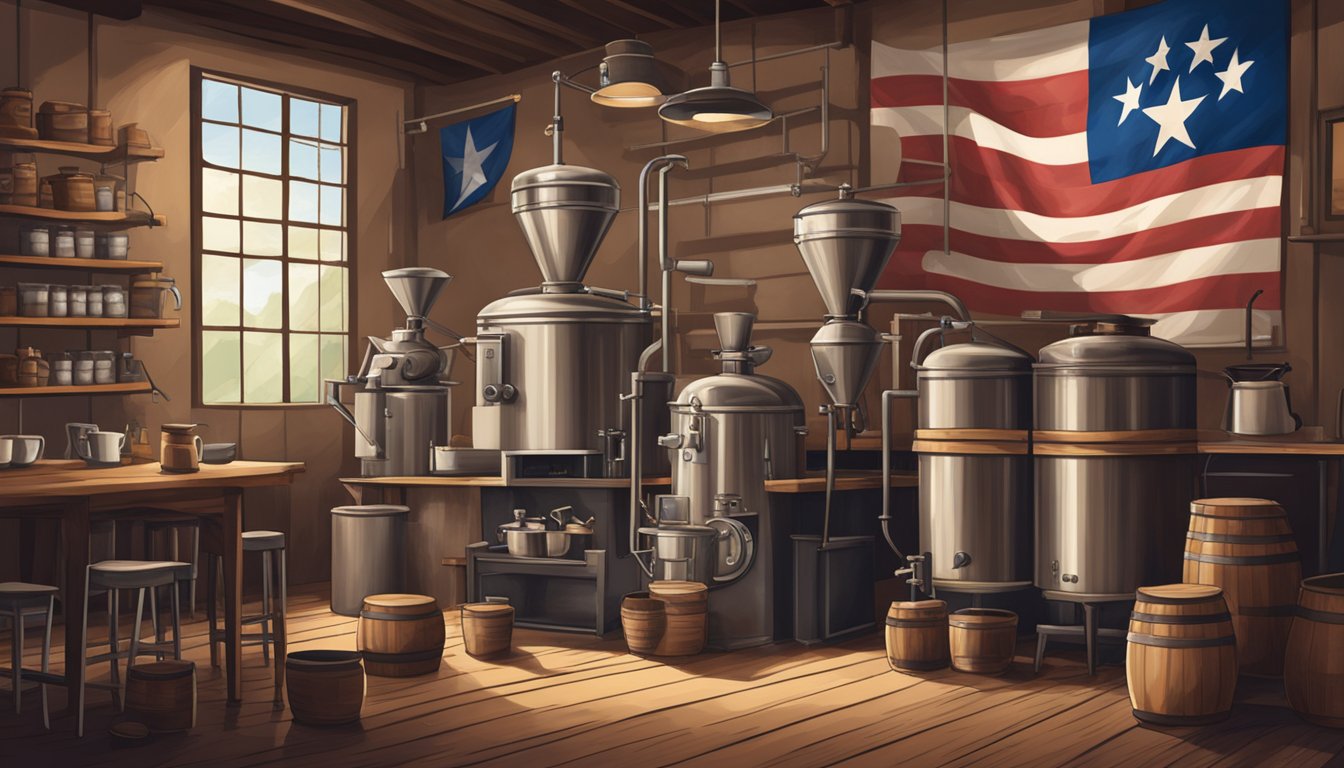 A rustic coffee roastery with bags of beans, brewing equipment, and a Texas flag hanging on the wall