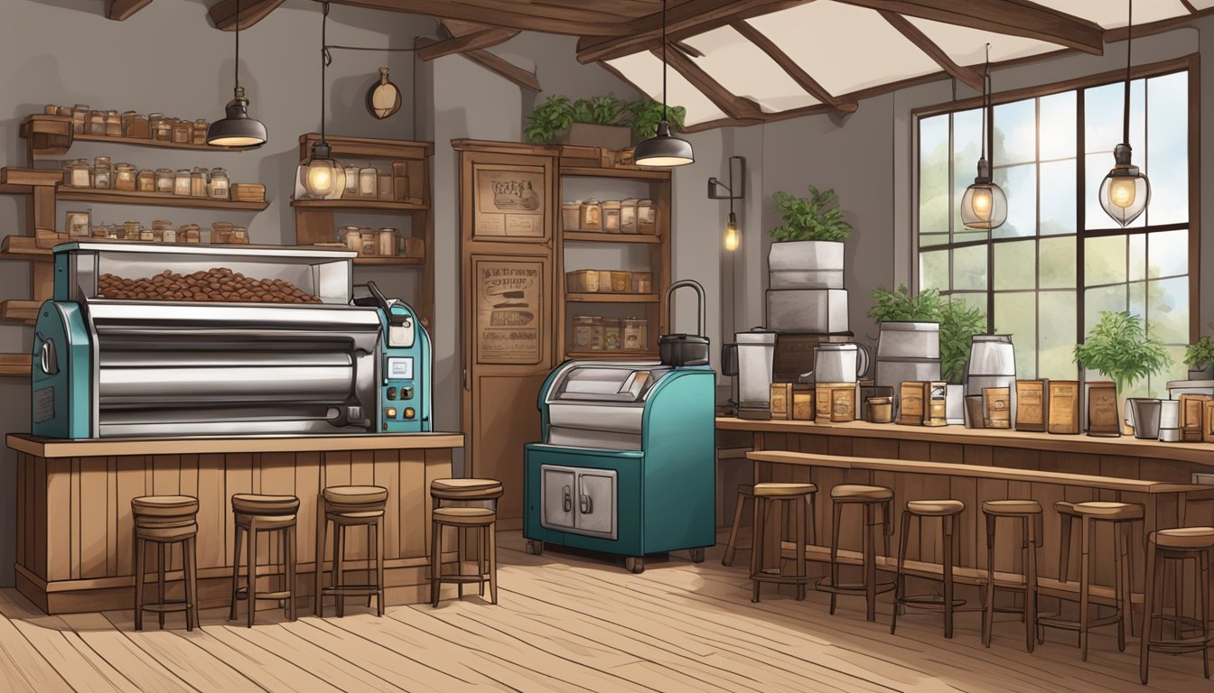 A cozy coffee shop with a rustic roasting machine, bags of beans, and a welcoming seating area