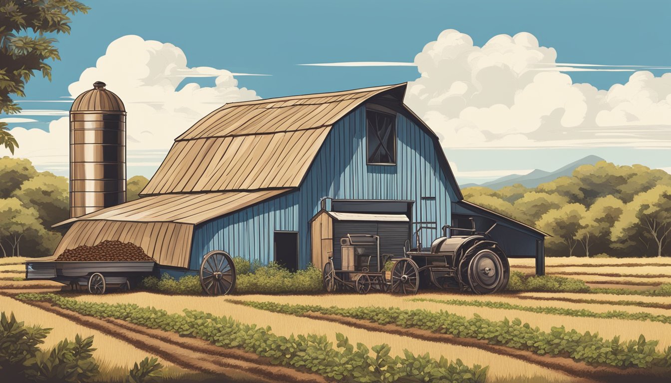 A rustic Texas barn with a vintage coffee roaster, surrounded by fields of coffee plants under a clear blue sky