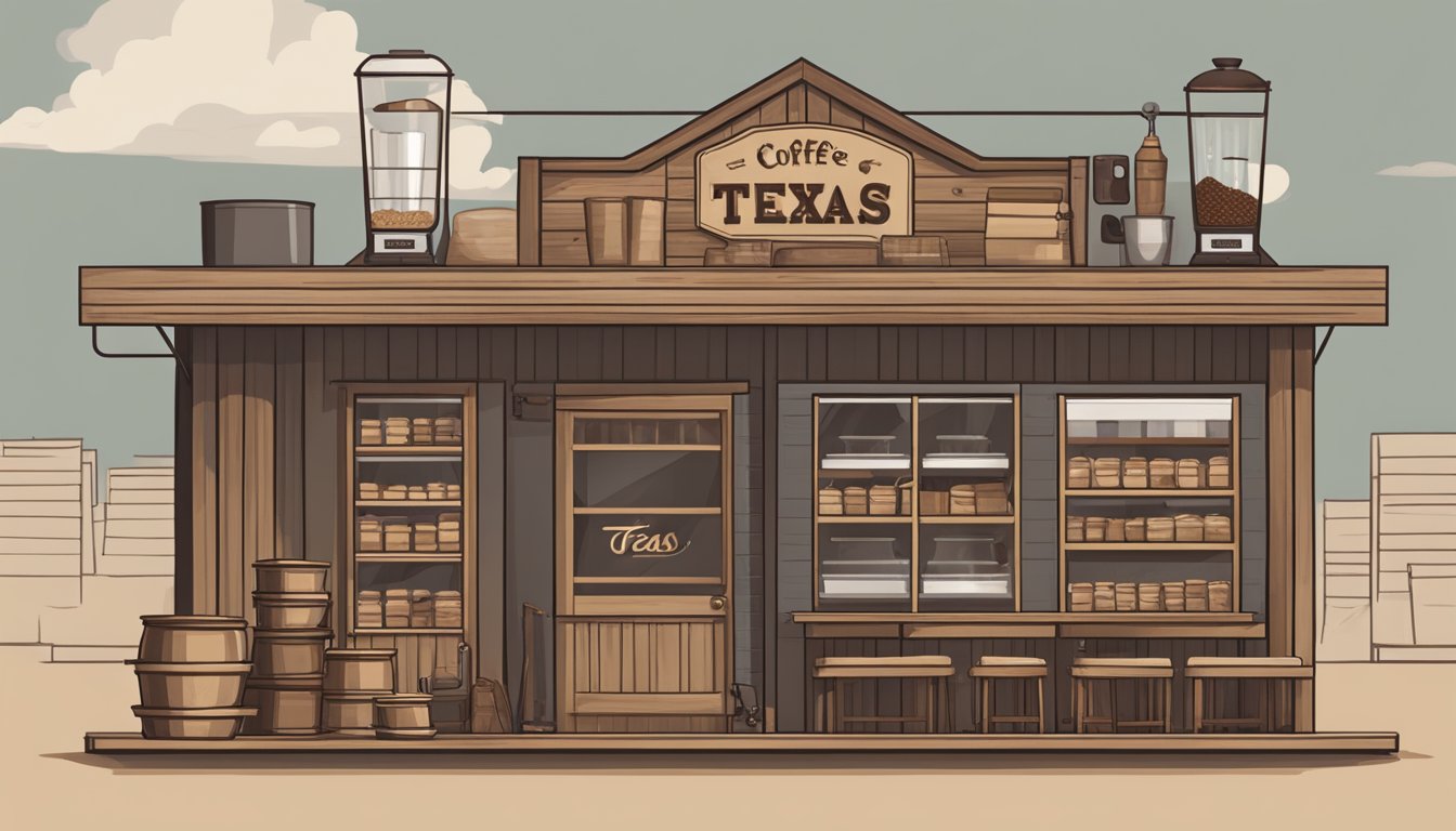 A rustic Texas coffee roastery with sacks of beans, a vintage roaster, and a display of specialty coffee products