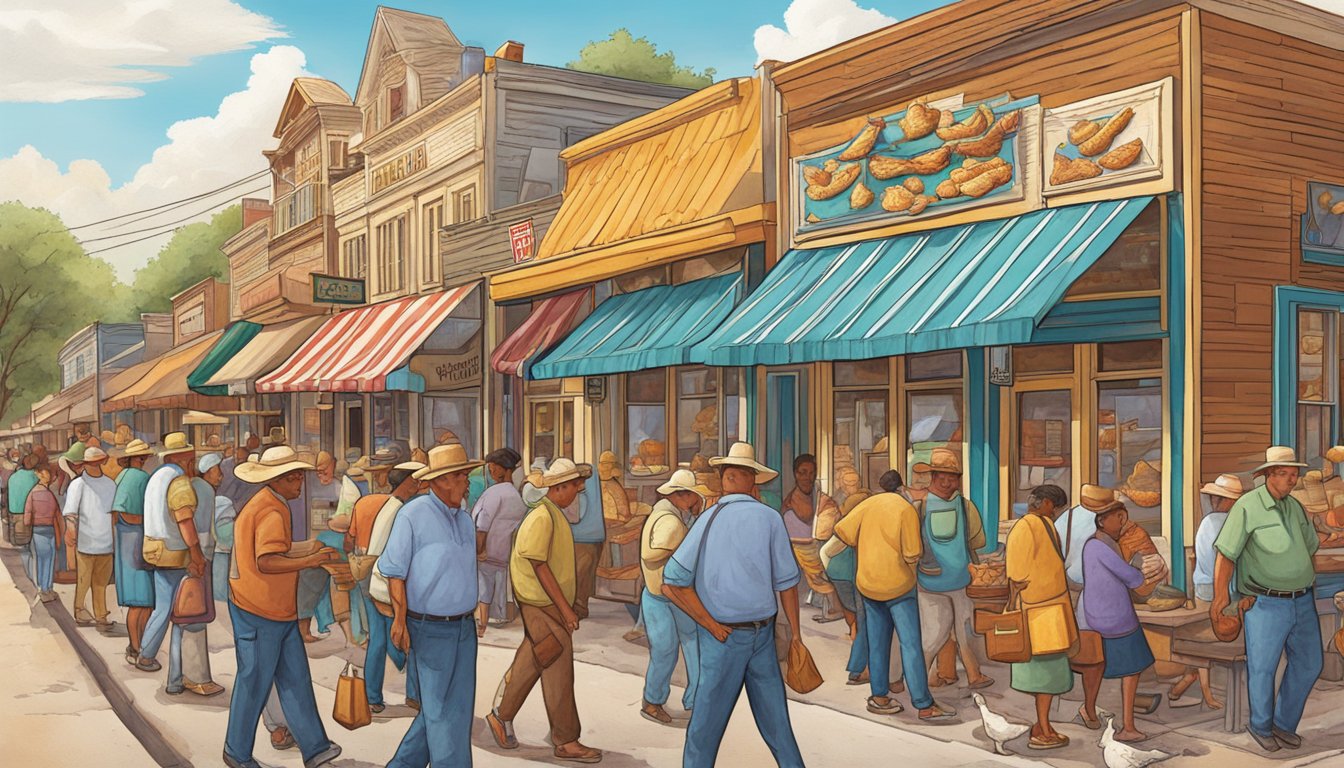 A bustling Texas street lined with colorful, old-fashioned chicken joints, each emitting the irresistible aroma of sizzling, golden-brown chicken fingers