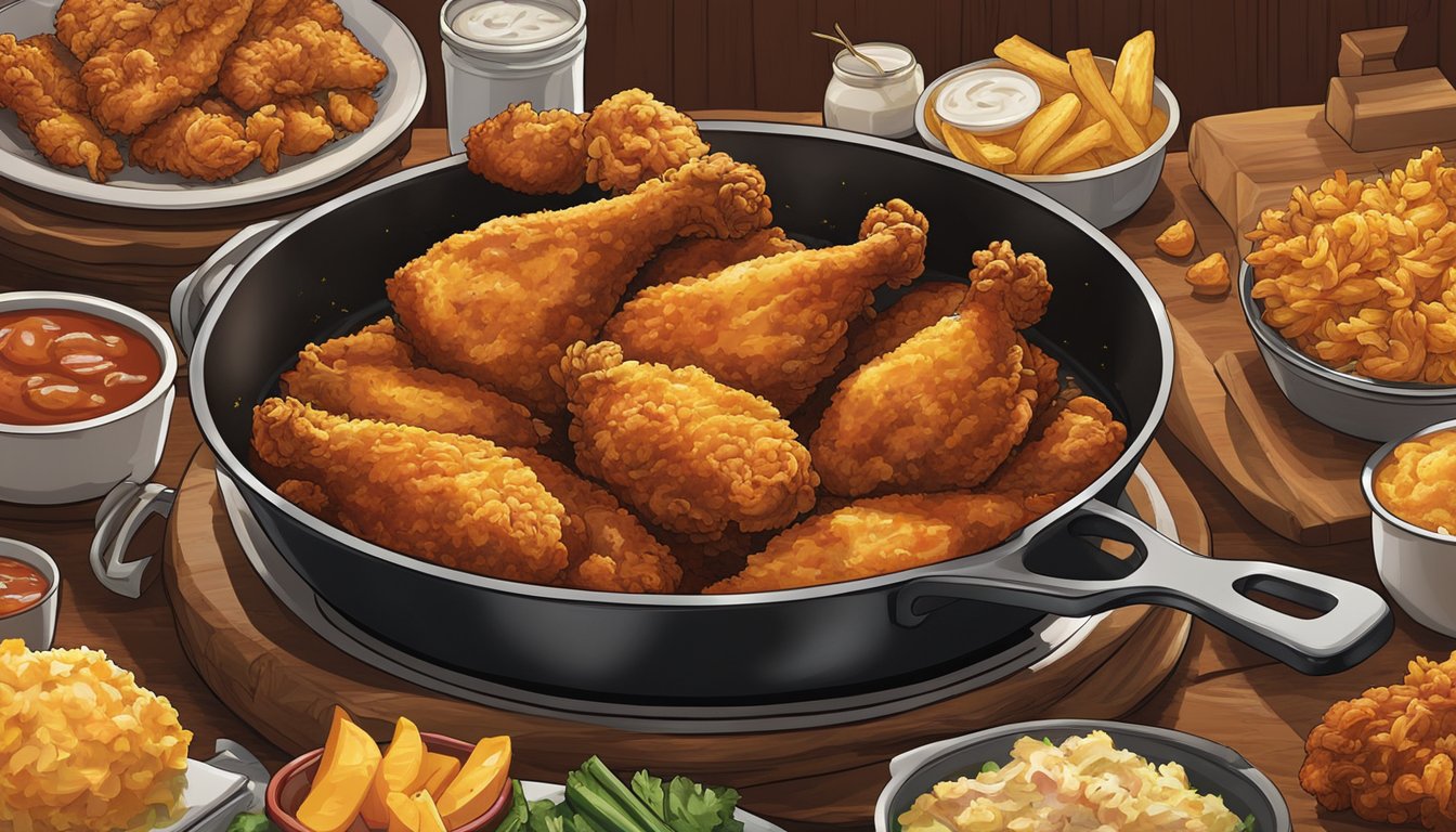 A sizzling hot skillet holds golden fried chicken surrounded by a variety of traditional southern sides. The aroma of crispy, flavorful chicken fills the air in a bustling Texas fried chicken joint