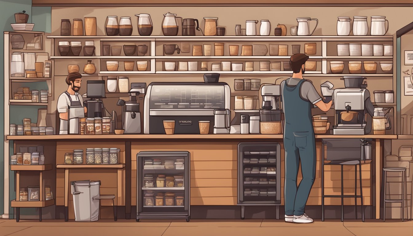 A cozy coffee shop with shelves of freshly roasted beans, a variety of brewing equipment, and a friendly barista assisting online shoppers