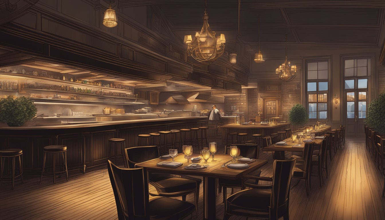 A dimly lit steakhouse with elegant decor, featuring a display of aged beef and a bustling open kitchen