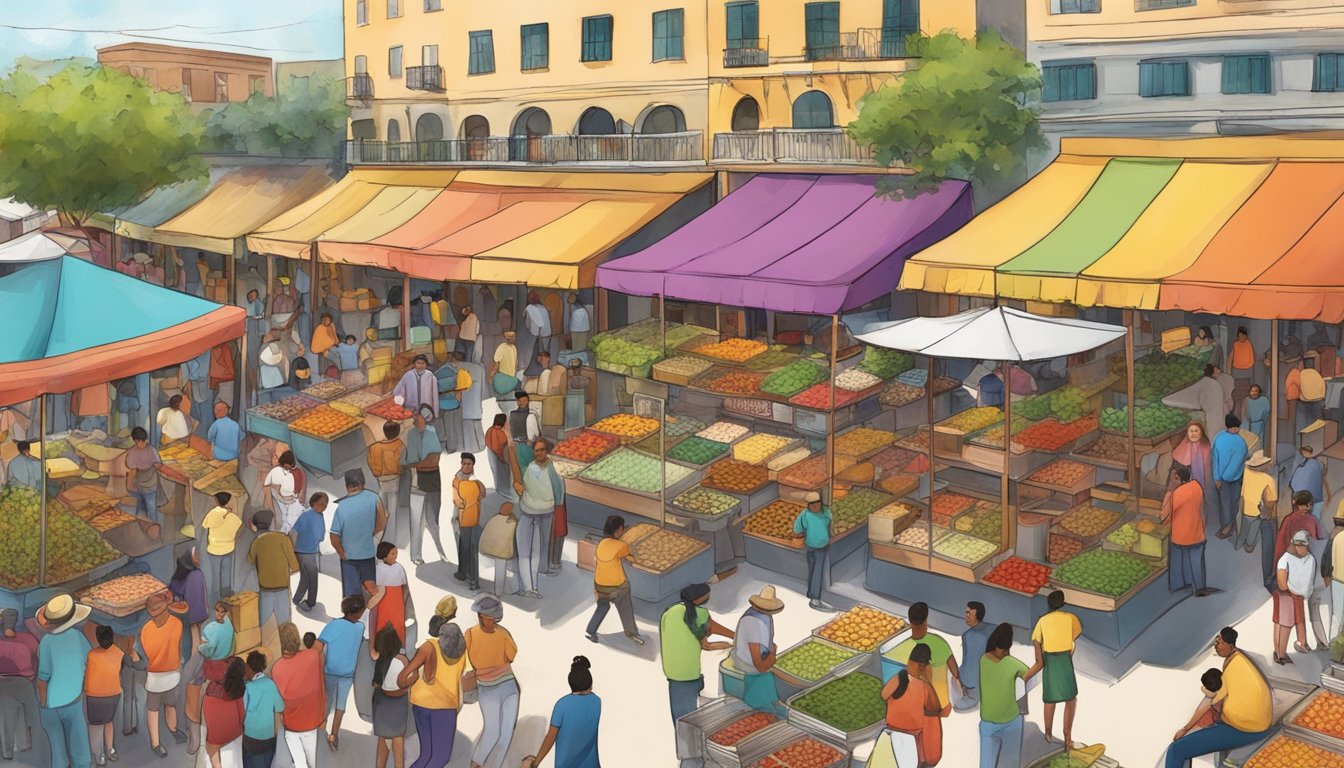 A bustling outdoor market with colorful food stalls and a lively crowd in front of La Fonda on Main, San Antonio