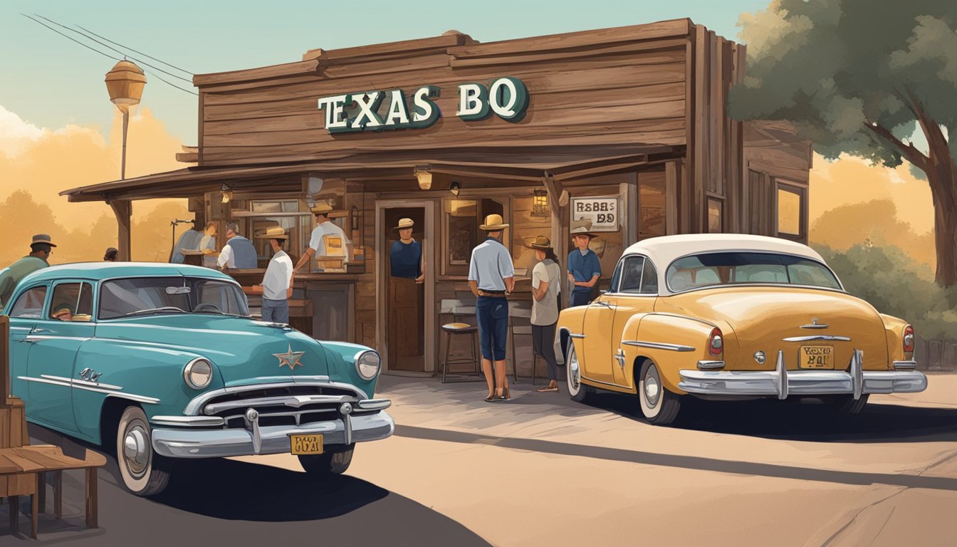 A vintage car parked in front of a rustic barbecue joint, with a sign advertising "Texas BBQ" and a line of people waiting to order