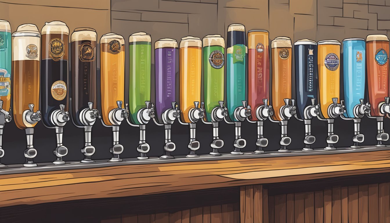 A row of colorful craft beer taps at Lone Pint Brewery in Texas, with a bustling crowd of beer enthusiasts sampling the various brews