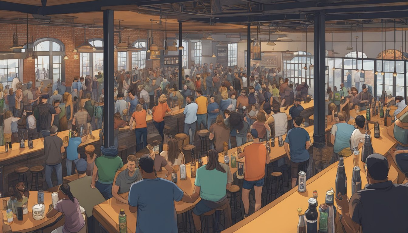 A bustling taproom at Deep Ellum Brewing Co. with rows of beer taps and a crowd of thirsty patrons enjoying craft brews