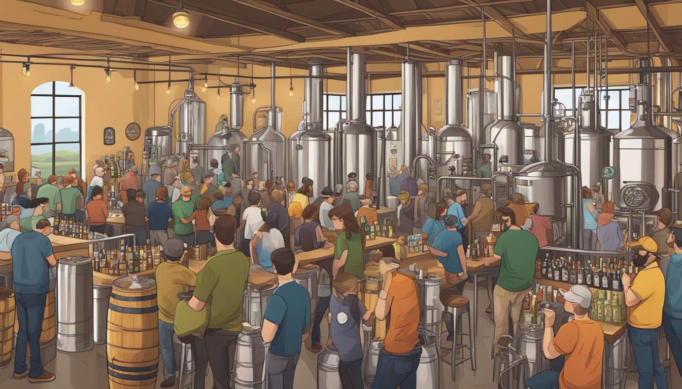 A bustling brewery filled with beer enthusiasts sampling a wide variety of craft brews from Peticolas Brewing Company