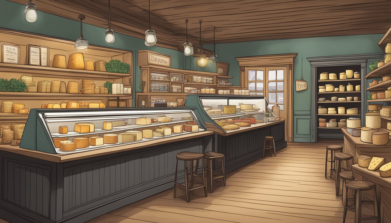 A cozy, bustling cheese shop with shelves of various cheeses, a counter for sampling, and a chalkboard listing featured selections