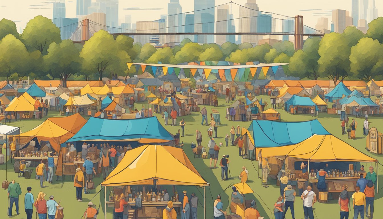 A bustling outdoor beer festival with colorful tents and banners, featuring 25 craft breweries from Texas, with beer enthusiasts sampling and socializing