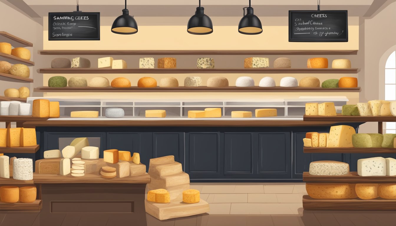 A cozy cheese shop with shelves of various cheeses, a counter for sampling, and a chalkboard listing different types of artisanal cheeses