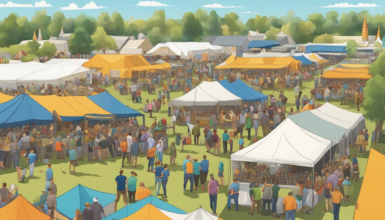 A bustling beer festival at Tupps Brewery, with rows of colorful craft beer tents and eager Texan beer enthusiasts sampling and socializing