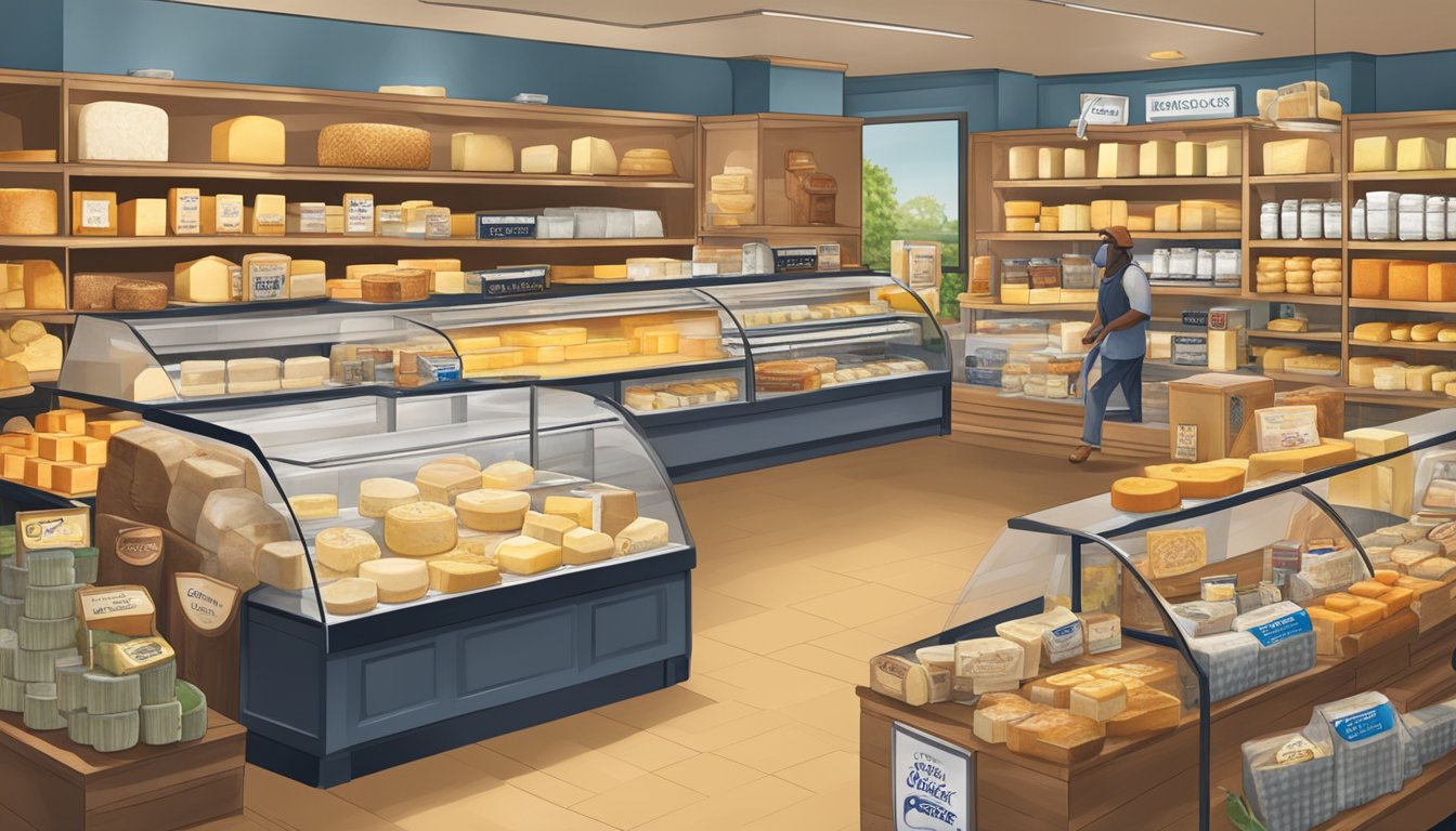 A bustling cheese shop at Kroger, Dallas, with a wide selection of gourmet cheeses on display