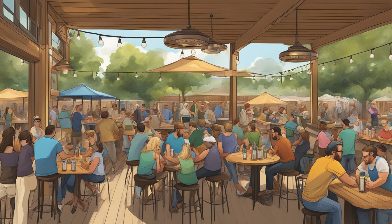 A bustling beer garden at Brazos Valley Brewing Company, with a variety of craft beers on tap and Texan beer enthusiasts enjoying the lively atmosphere