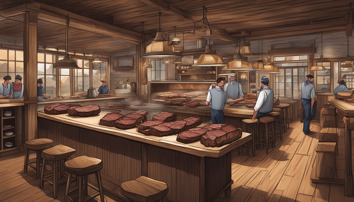 A bustling Texas steakhouse with a rustic interior and a display of various cuts of Wagyu beef