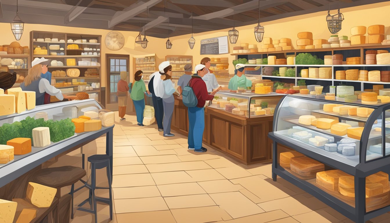 A bustling cheese shop with colorful displays and a variety of cheeses from around Texas. Customers sample and chat with the knowledgeable staff