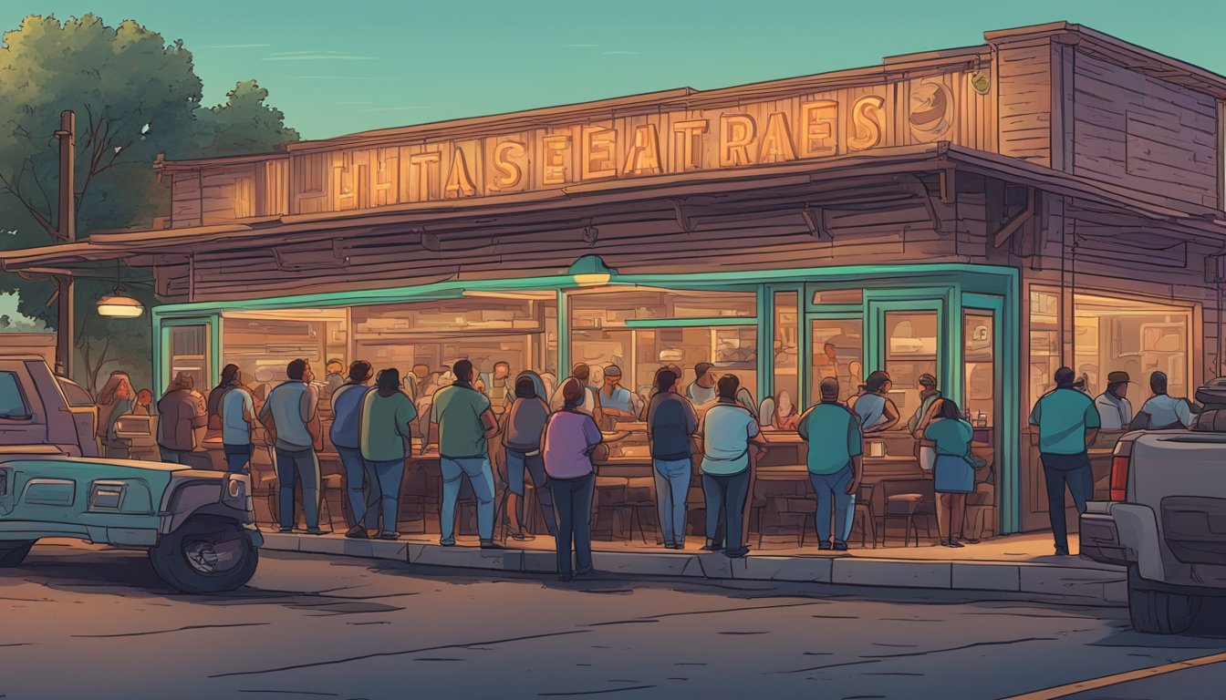 A bustling Texas steakhouse with a rustic exterior, large neon sign, and a crowded parking lot. A line of hungry patrons waits outside