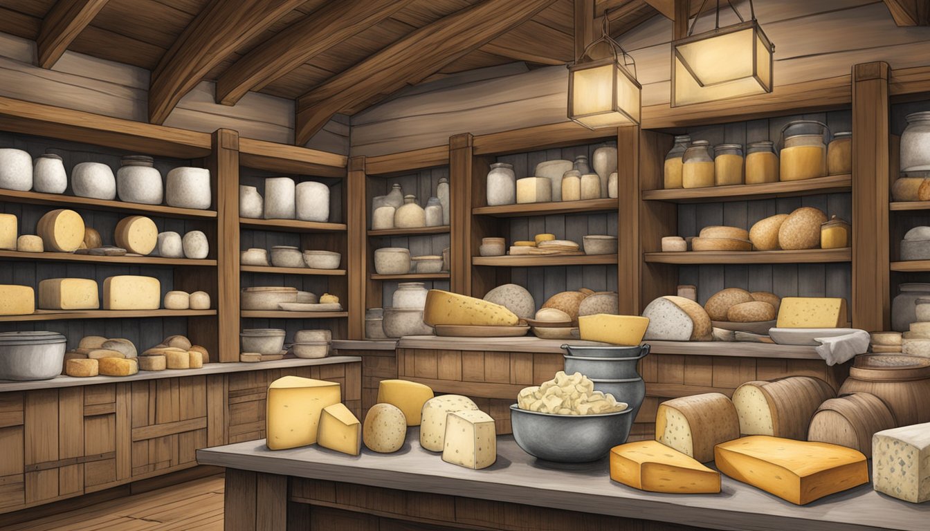 A rustic farmstead with a variety of cheeses on display at Homestead Heritage in Waco, Texas