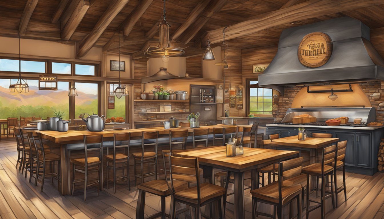 A rustic Texas steakhouse with a welcoming entrance, cowboy decor, and a sizzling grill in the open kitchen