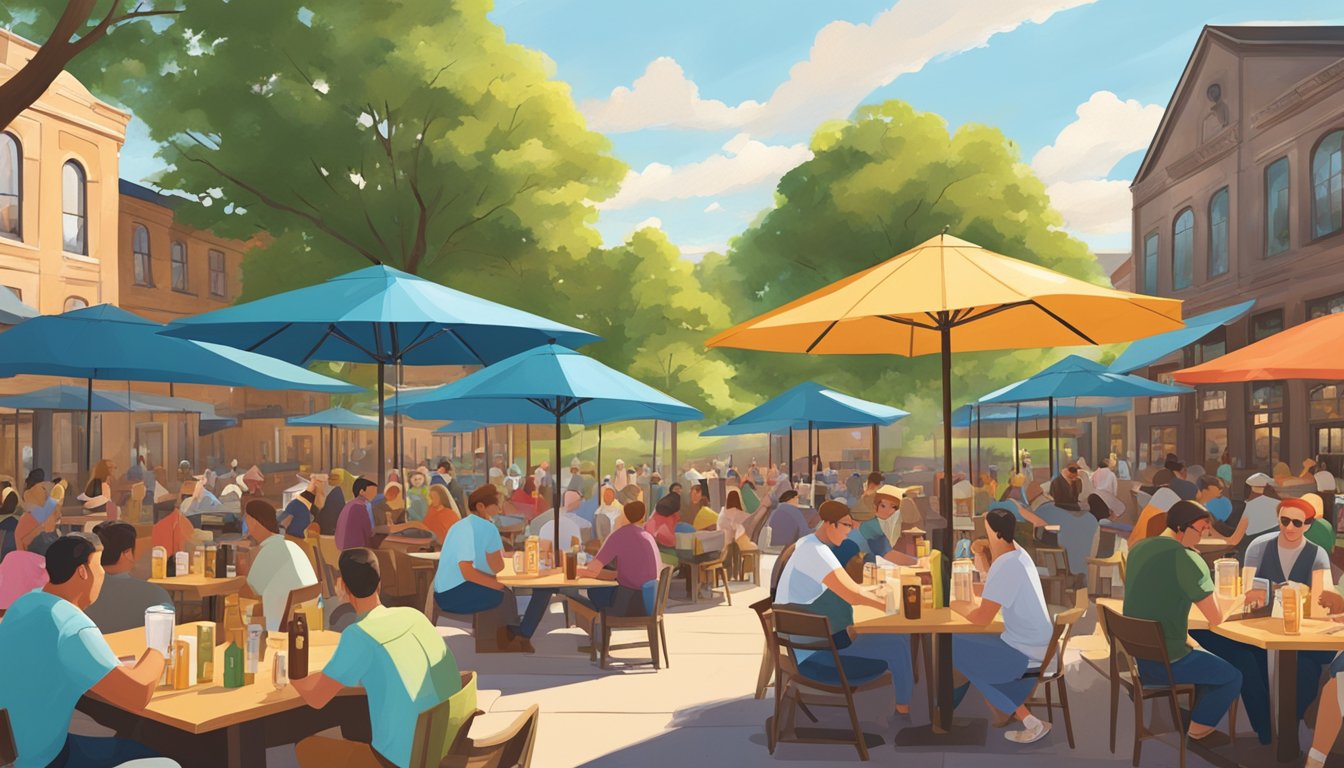 A bustling outdoor beer garden at Adelbert's Brewery, with colorful umbrellas, picnic tables, and happy patrons enjoying craft brews on a sunny Texas afternoon