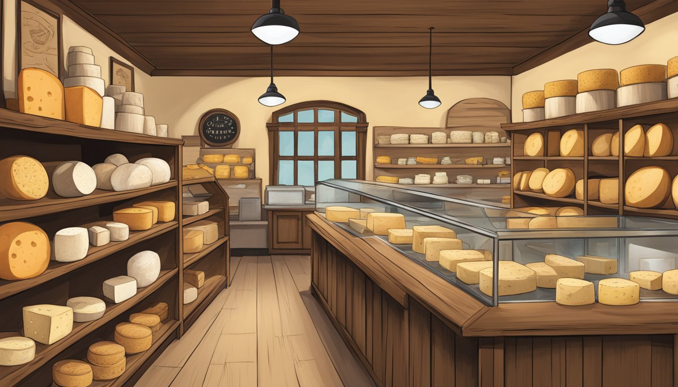 A rustic cheese shop in Roanoke, Texas, filled with shelves of various cheeses and a cozy, inviting atmosphere