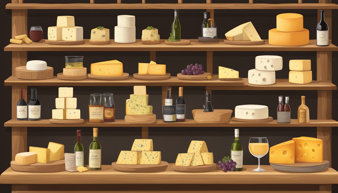 A rustic cheese shop display with a variety of cheeses from Texas, arranged on wooden shelves with labels and accompanying wine and crackers