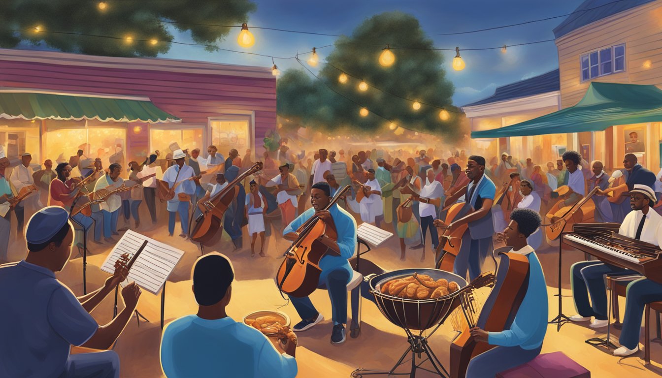 A sizzling roast chicken surrounded by jazz musicians and festival-goers at the Balcones Heights Jazz Fest, creating a vibrant and flavorful atmosphere