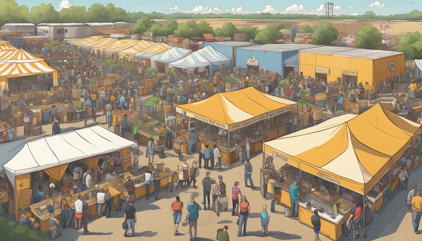 A bustling beer festival in Texas with 25 craft brewery booths, surrounded by eager beer enthusiasts