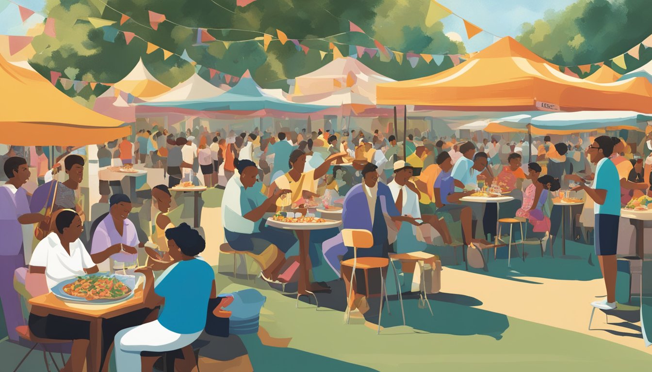 A bustling outdoor jazz festival with colorful food stalls serving Ella Fitzgerald's Signature Shrimp Scampi. The aroma of sizzling seafood mingles with the smooth sounds of live jazz music