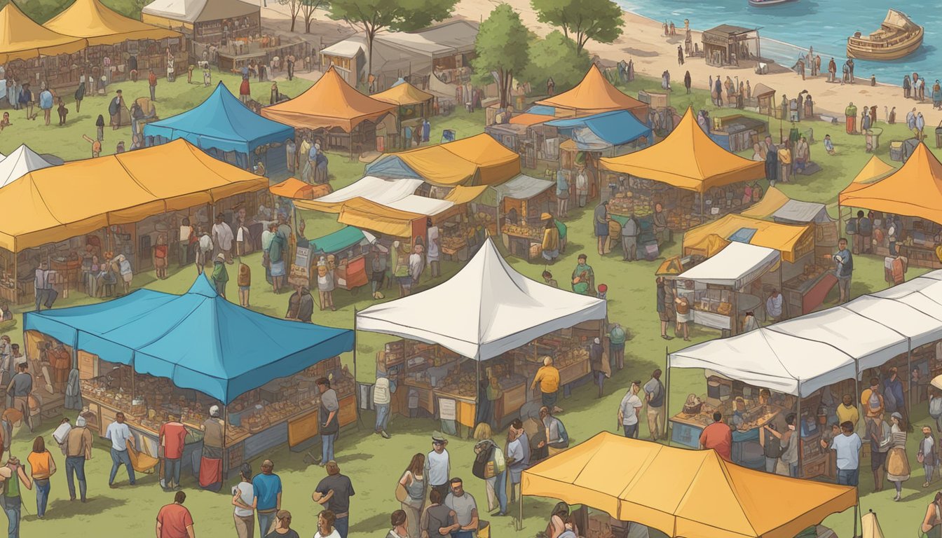 A bustling outdoor beer festival with colorful tents, food trucks, and lively crowds sampling craft brews from 25 Texas breweries