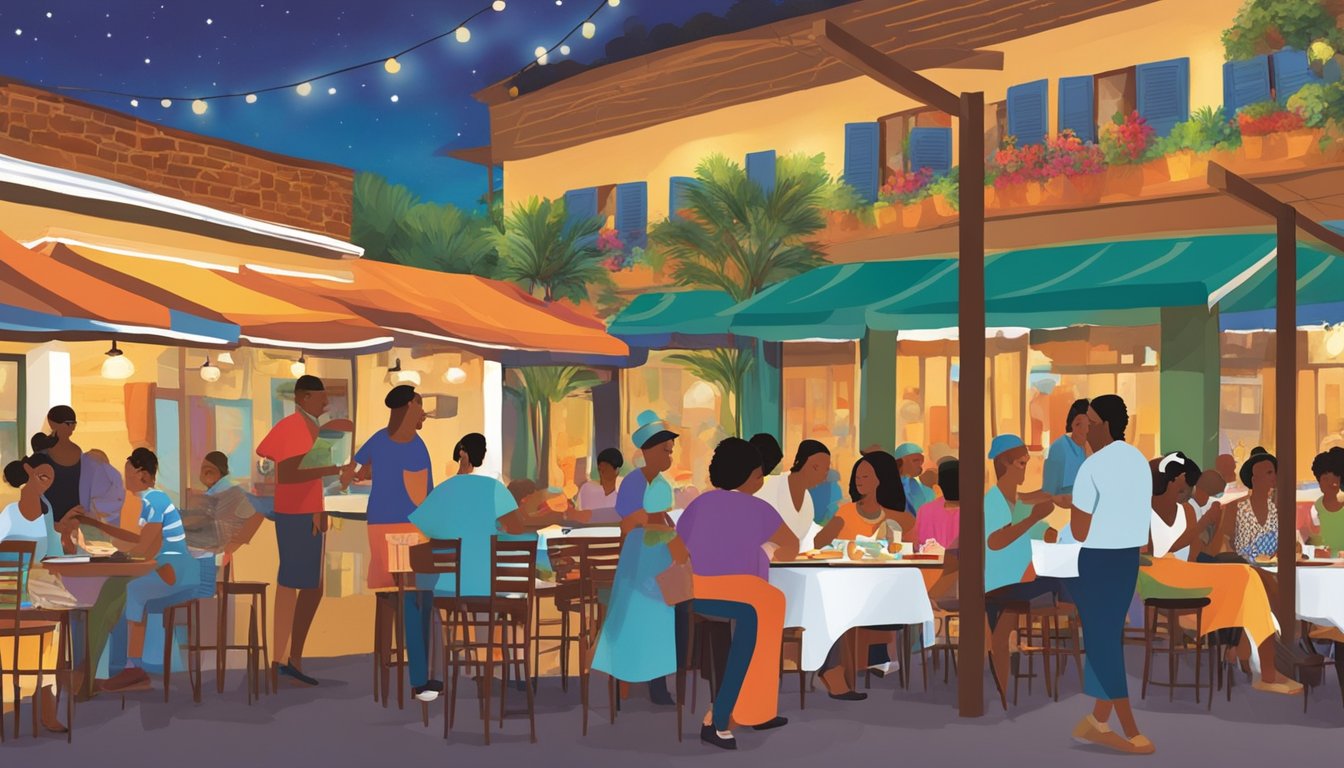 The aroma of sizzling Cajun spices fills the air as jazz melodies waft through the lively atmosphere of the Balcones Heights Jazz Fest. Tables adorned with colorful dishes and patrons enjoying the fusion of music and culinary delights