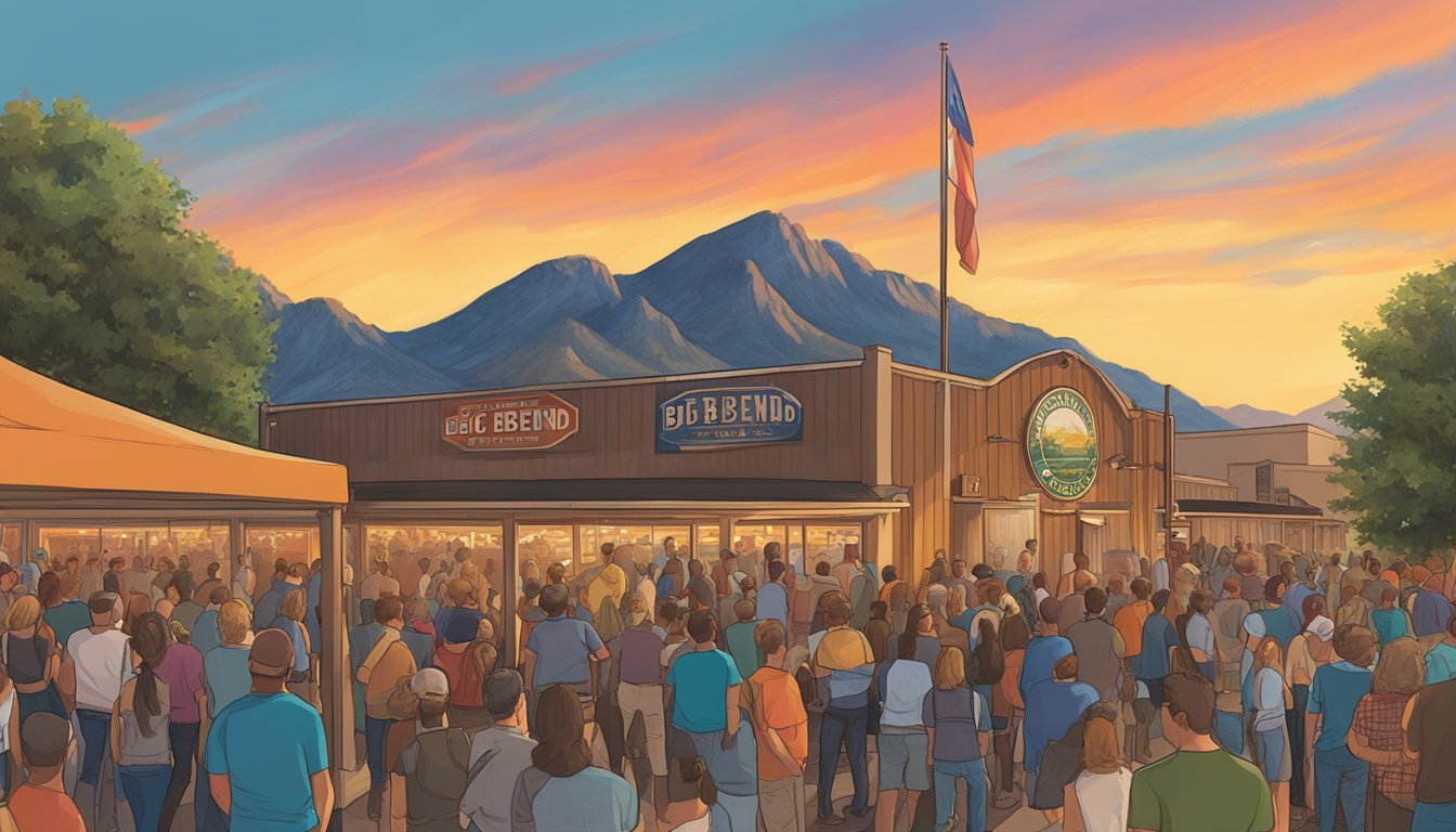 The sun sets behind the rugged mountains as a bustling crowd gathers outside Big Bend Brewing Co. A line of colorful craft beer taps and a Texas flag flutter in the breeze