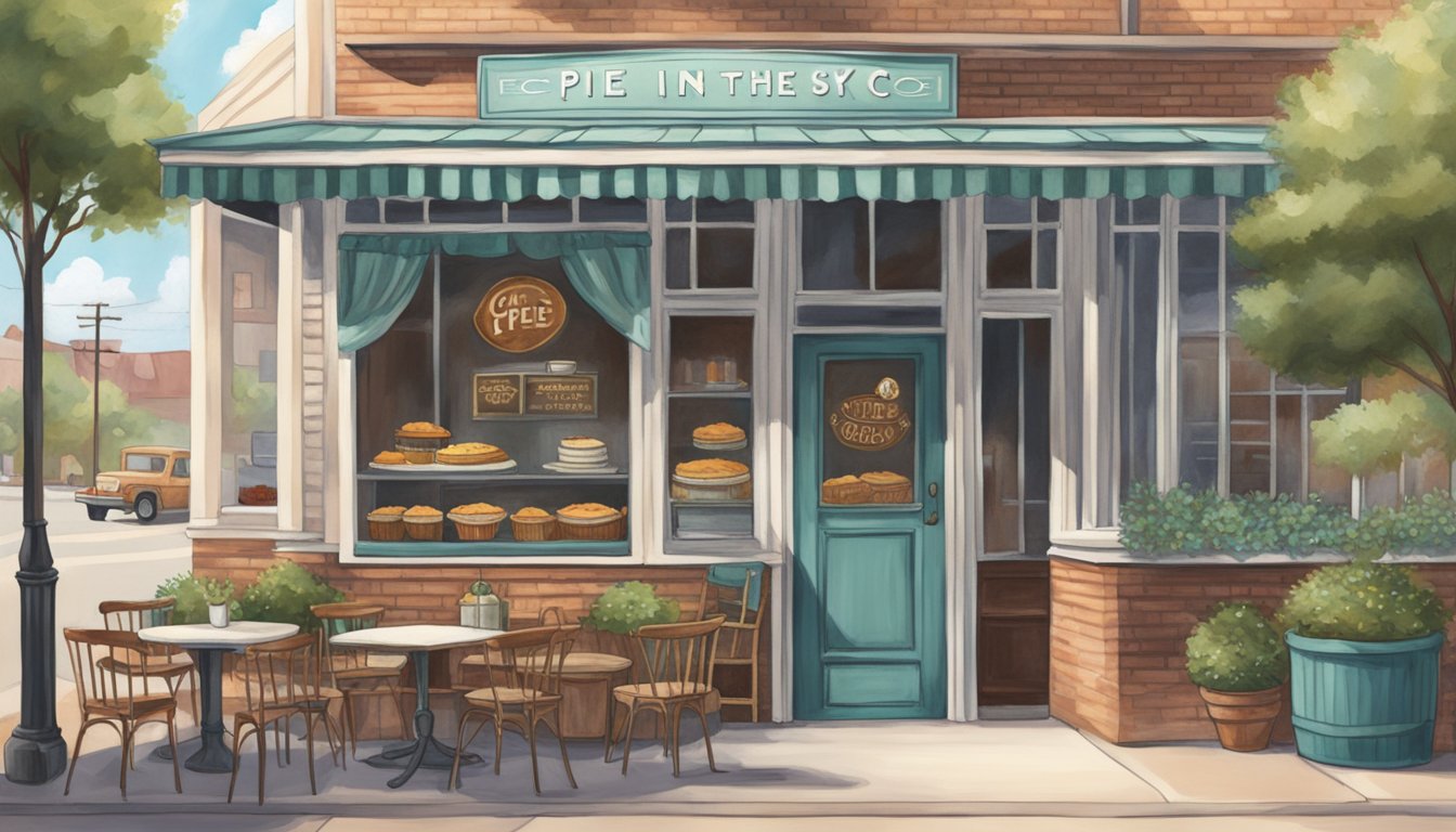 A cozy southern cafe with a vintage storefront, outdoor seating, and a sign reading "Pie in the Sky Pie Co."