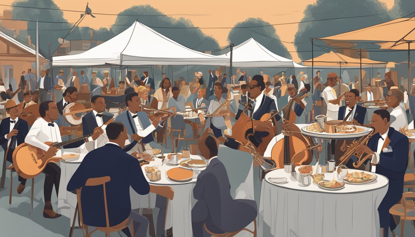 A jazz band plays on a stage in a crowded outdoor festival. Tables are set with elegant lobster bisque and other gourmet dishes