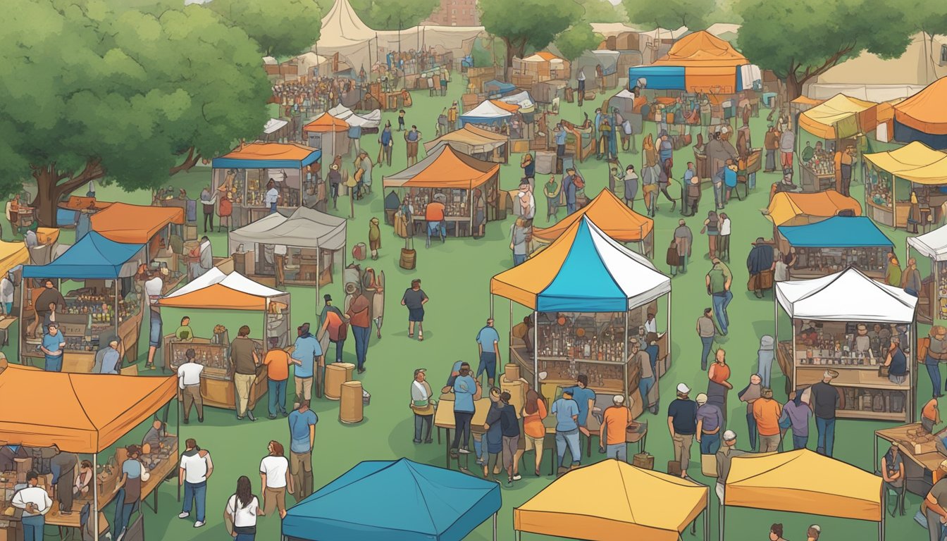 A bustling outdoor beer festival with a variety of craft brewery booths, surrounded by hungry Texan beer enthusiasts