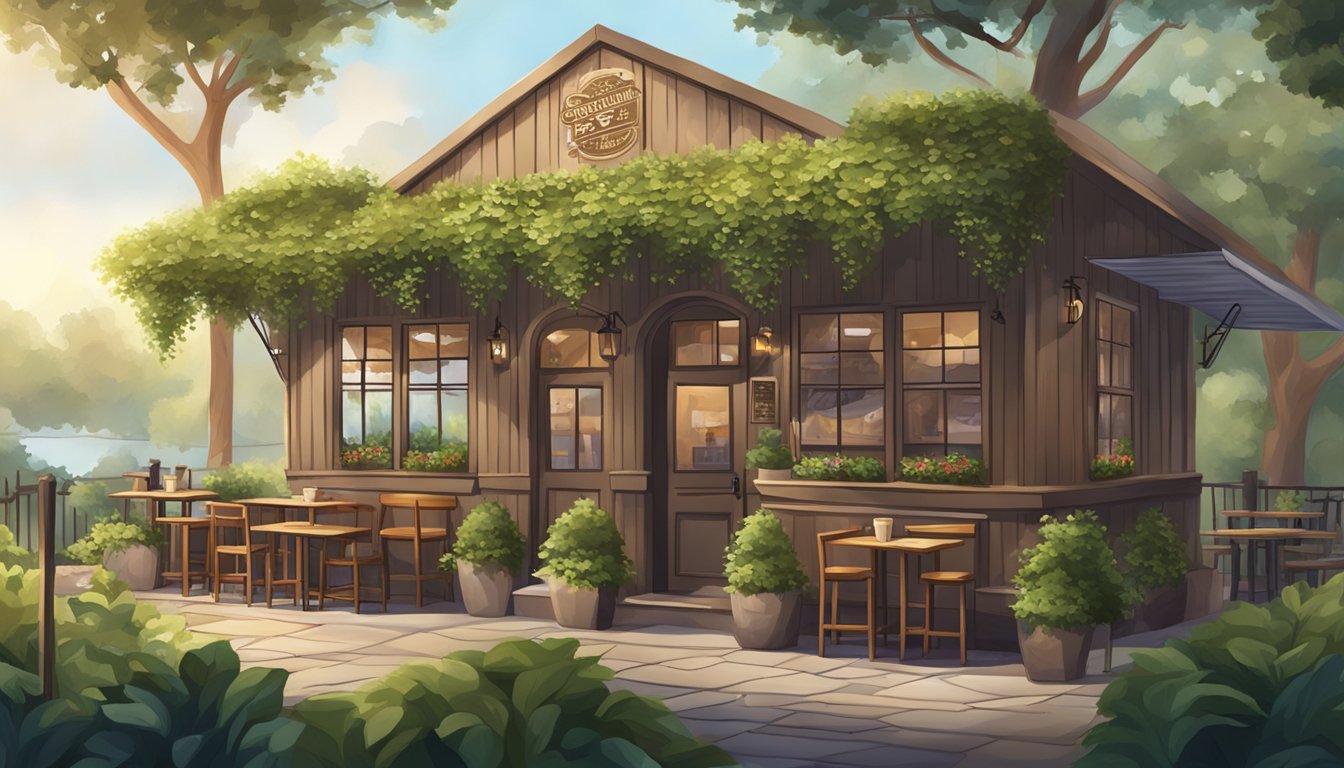 A cozy coffee house with a rustic exterior, surrounded by lush greenery and inviting outdoor seating