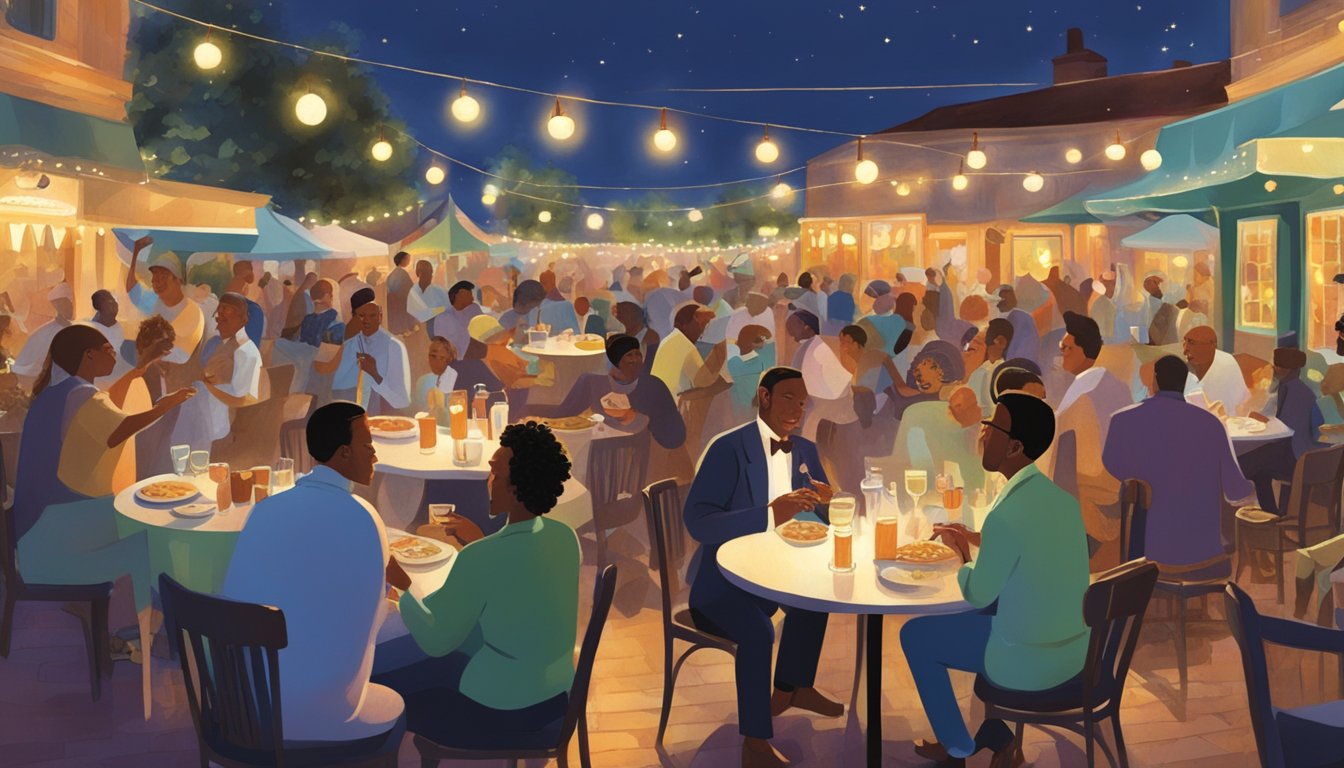 A lively jazz band plays as patrons savor sea bass dishes at outdoor tables, surrounded by twinkling lights and the sounds of a bustling food festival